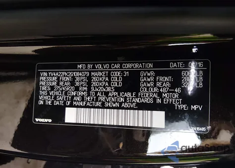 2016 Volvo Xc90 T6 Momentum z USA, uszkodzony, nr VIN YV4A22PK2G1084079